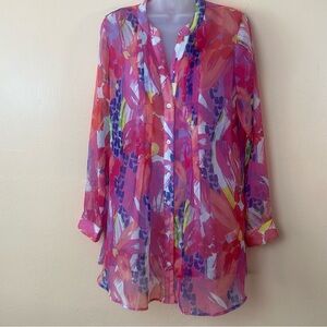 Soft Surroundings Sheer Pink Purple Floral Button Front Blouse Women M Colorful